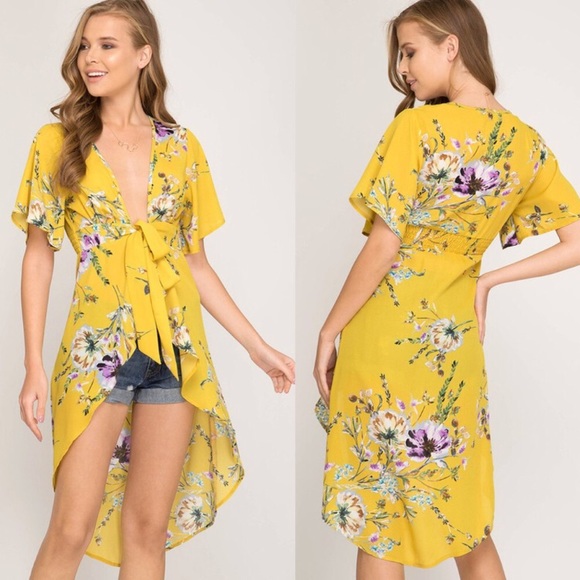 Boutique Yellow Floral Hi Low Duster Maxi Top Dress - Picture 2 of 9